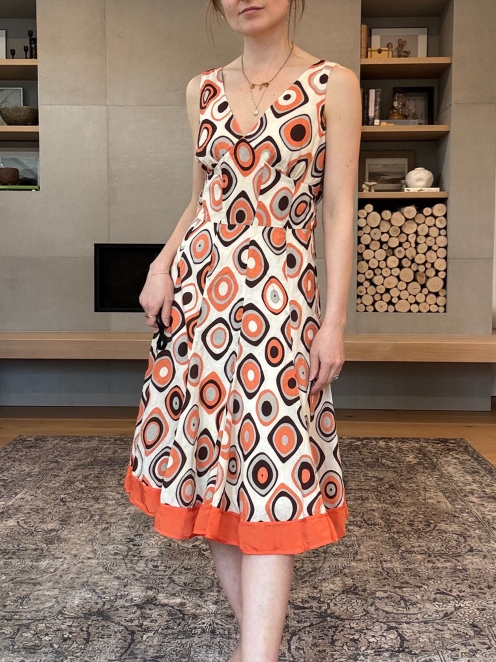 Vintage cotton and silk Retro Geo Print Orange sleeveless Dress - Picture 6 of 17